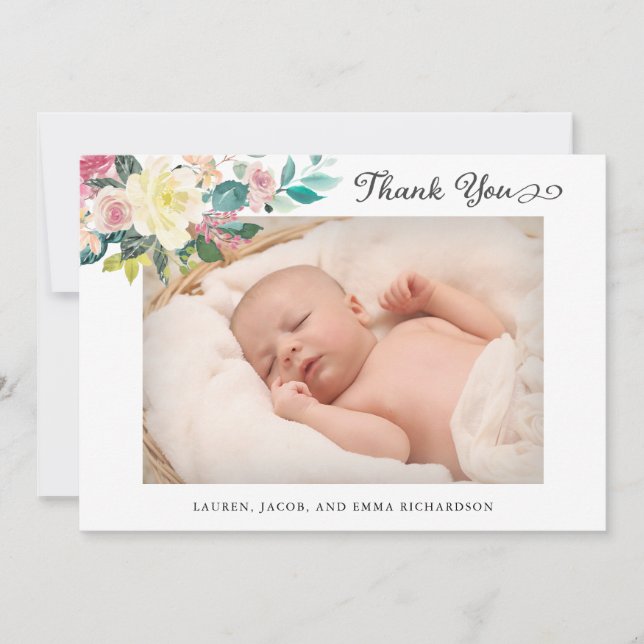 Floral Two Photo Baby Birth Announcement Thank You (Front)