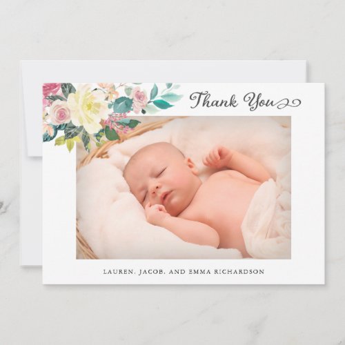 Floral Two Photo Baby Birth Announcement Thank You