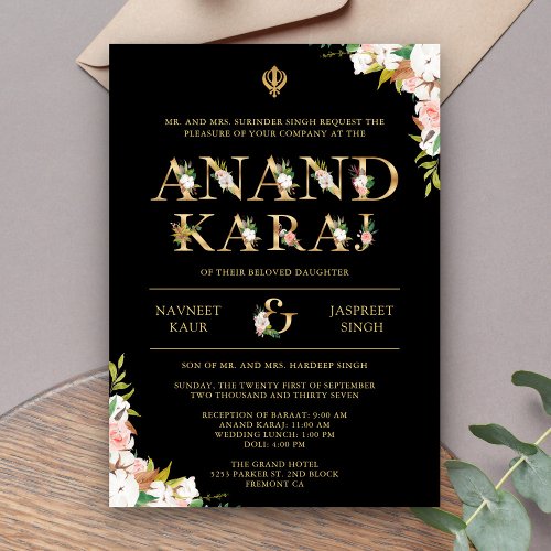 Floral Typography Black Anand Karaj Sikh Wedding Invitation