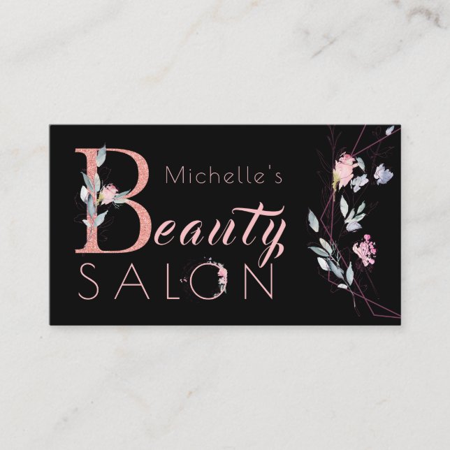 Floral typography glitter pink black glam salon business card (Front)