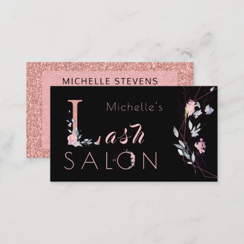 Floral typography glitter pink black glam salon business card