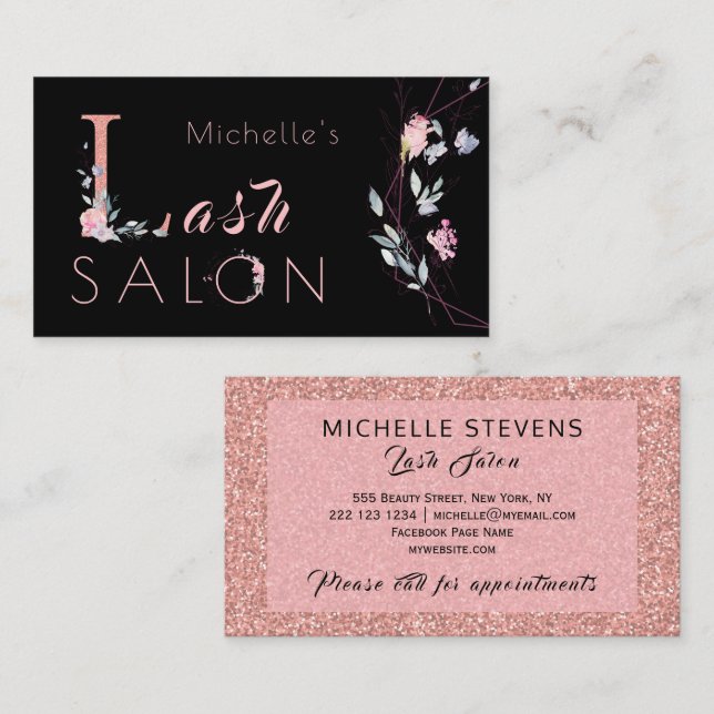 Floral typography glitter pink black glam salon business card (Front/Back)