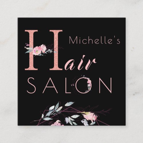 Floral typography glitter pink black hair salon square business card