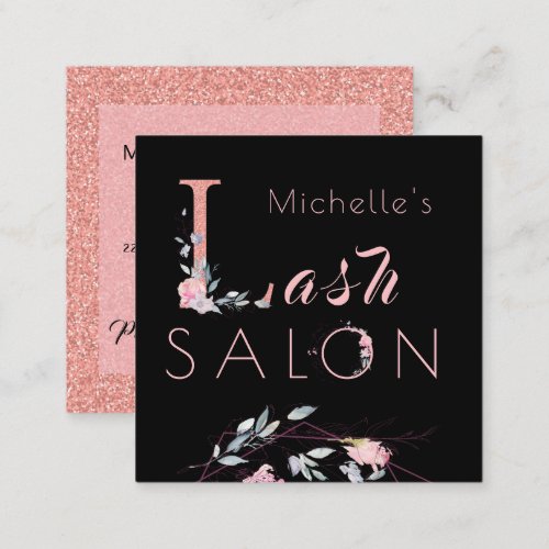 Floral typography glitter pink black lashes salon square business card