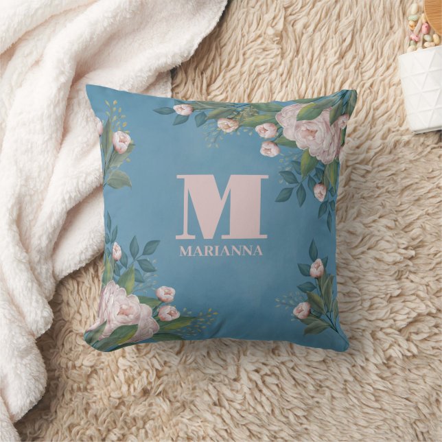 Floral Typography Monogram Pink Rose Throw Pillow (Blanket)