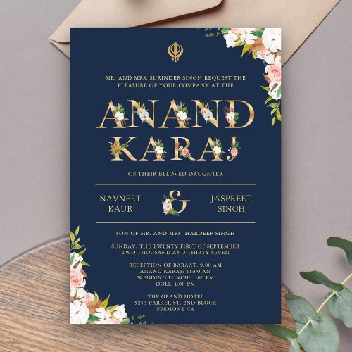 Floral Typography Navy Anand Karaj Sikh Wedding Invitation