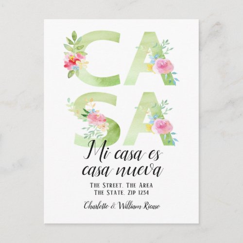 Floral Typography New Casa Home Announcement Postcard
