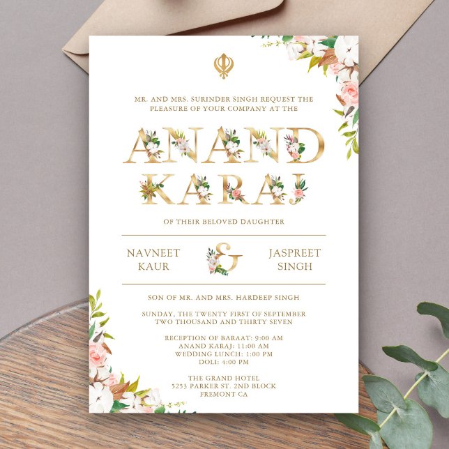Floral Typography White Anand Karaj Sikh Wedding Invitation (Creator Uploaded)
