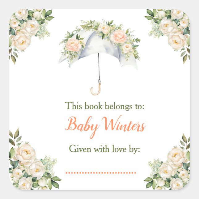 Floral Umbrella Baby Shower Bookplate (Front)