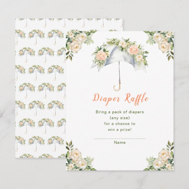 Floral Umbrella Baby Shower Diaper Raffle Enclosure Card (Front/Back)