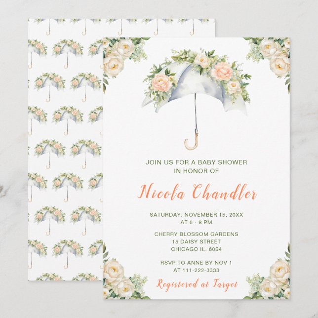 Floral Umbrella Baby Shower Invitation (Front/Back)