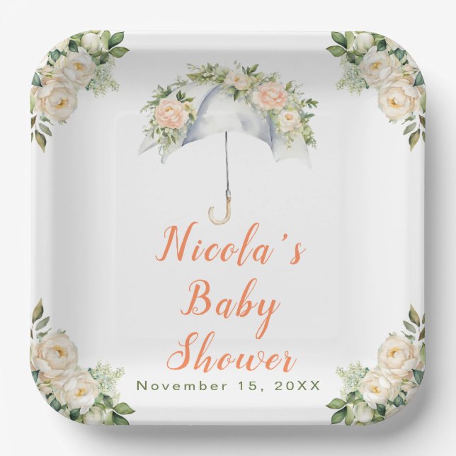 Floral Umbrella Baby Shower Paper Plates (Front)