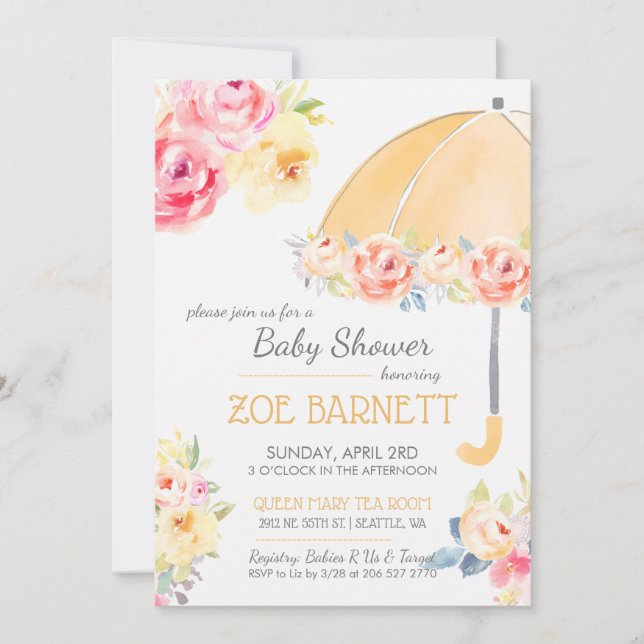 Floral Umbrella Baby Shower Personalize RSVP Invitation (Front)