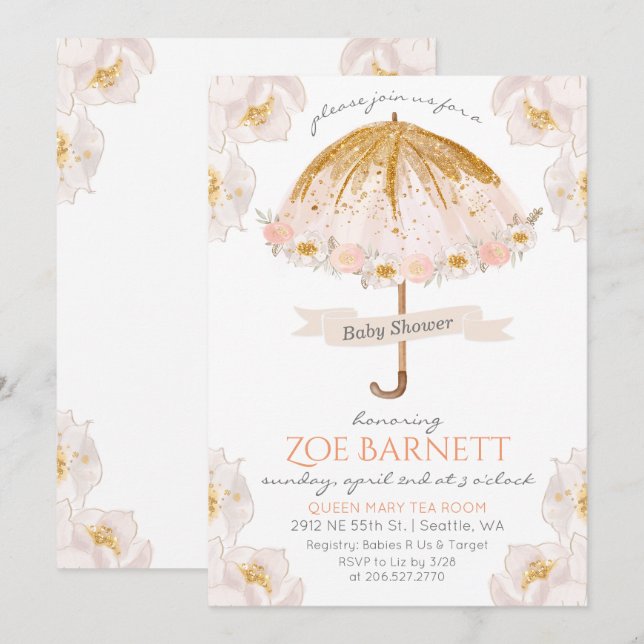 Floral Umbrella Glitter Baby Shower Invitation (Front/Back)