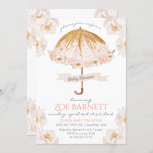 Floral Umbrella Glitter Baby Shower Invitation