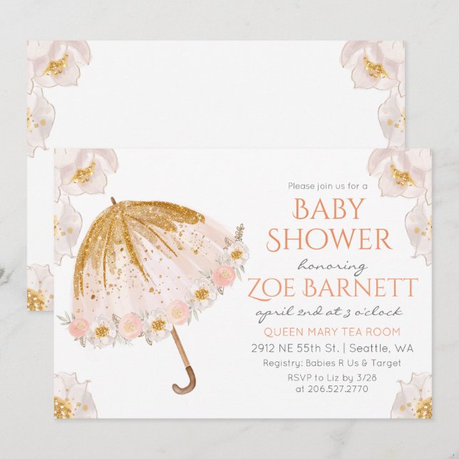 Floral Umbrella Glitter Baby Shower Invitation (Front/Back)