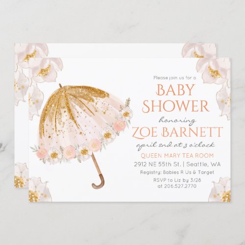 Floral Umbrella Glitter Baby Shower Invitation