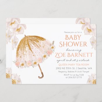 Floral Umbrella Glitter Baby Shower Invitation by PaperandPomp at Zazzle
