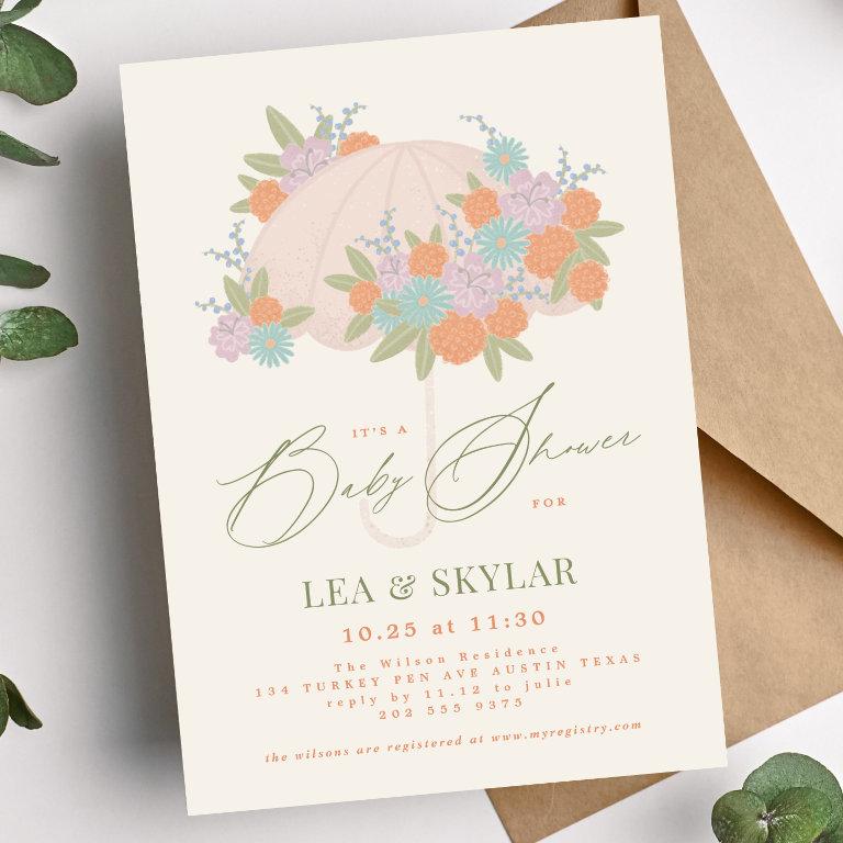 Floral Umbrella Neutral Unisex Baby Shower Invitation