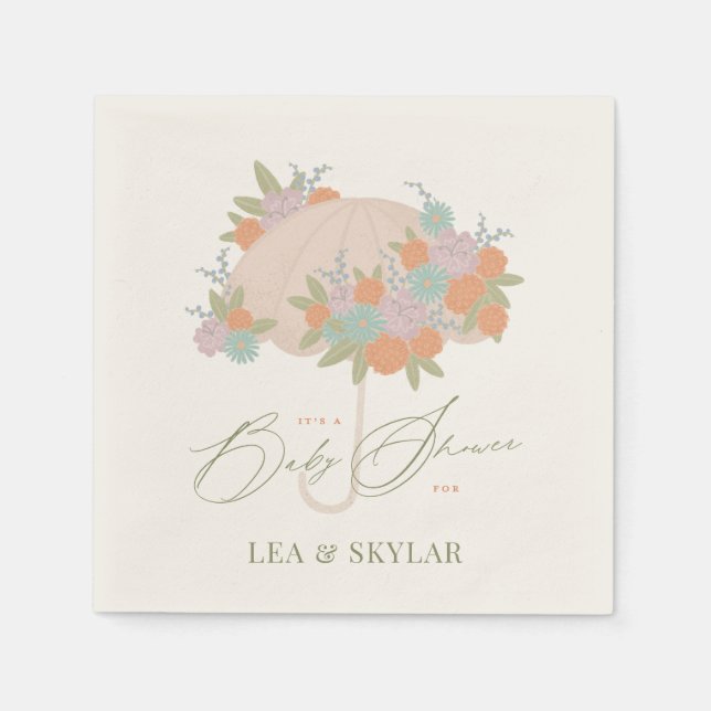Floral Umbrella Neutral Unisex Baby Shower Napkins (Front)