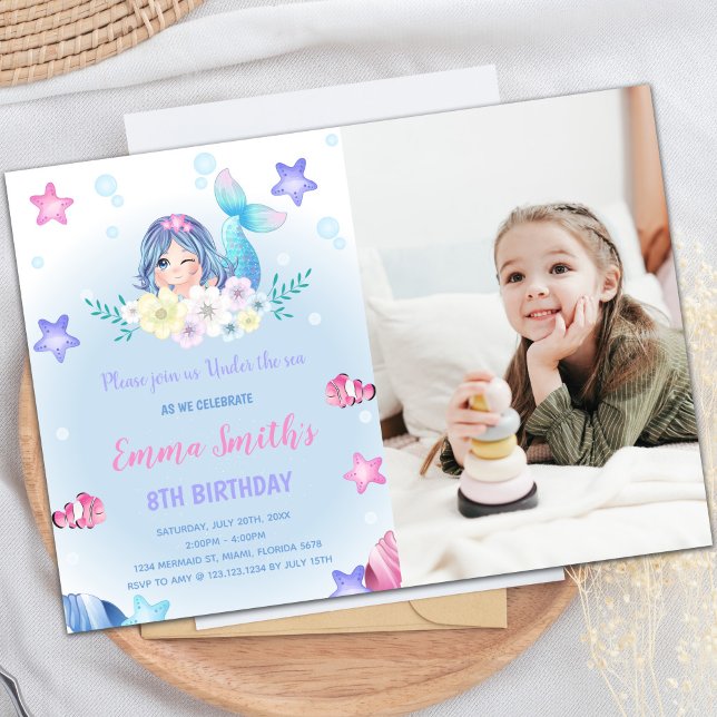 Floral Under the Sea Mermaid Invitation with Photo (Floral Under the sea Mermaid Invitations w Photo)