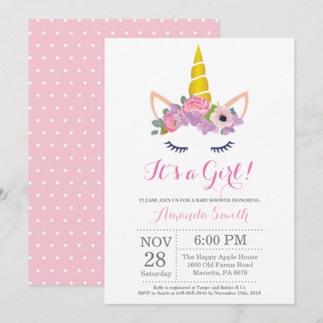 Floral Unicorn Baby Shower Invitation (Front/Back)