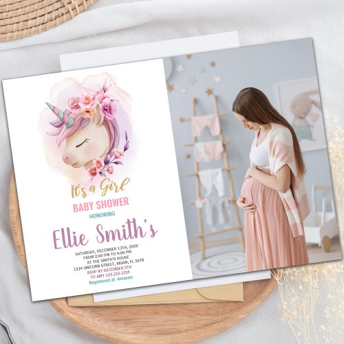 Floral Unicorn Baby Shower Invitations with photo