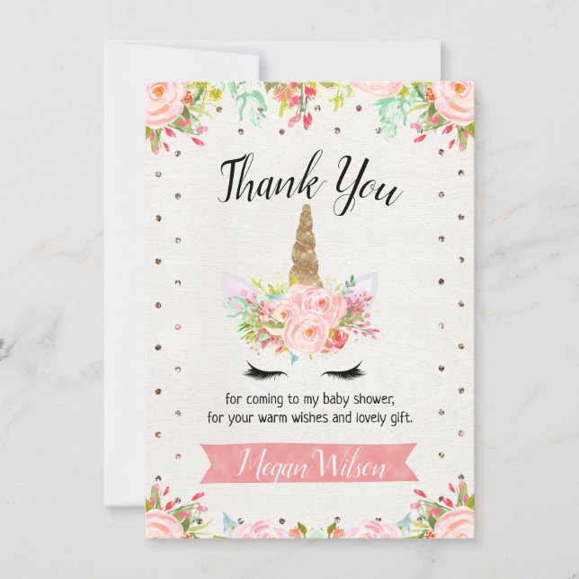 Floral Unicorn Baby Shower Thank You Card (Front)