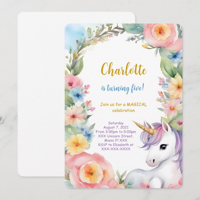 Floral Unicorn Birthday Invitation (Front/Back)