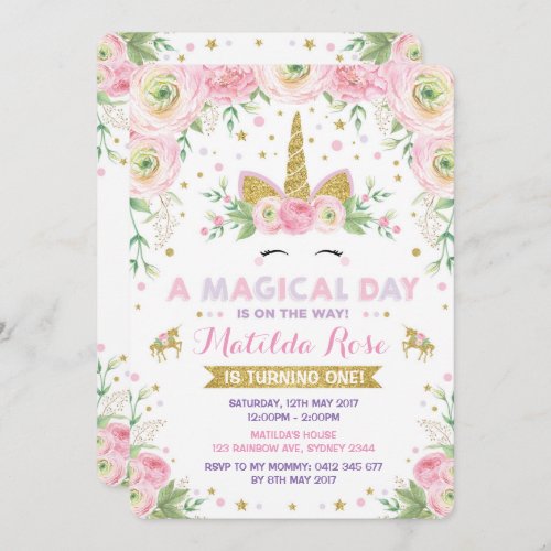 Floral Unicorn Birthday Invitation Pink Gold Party