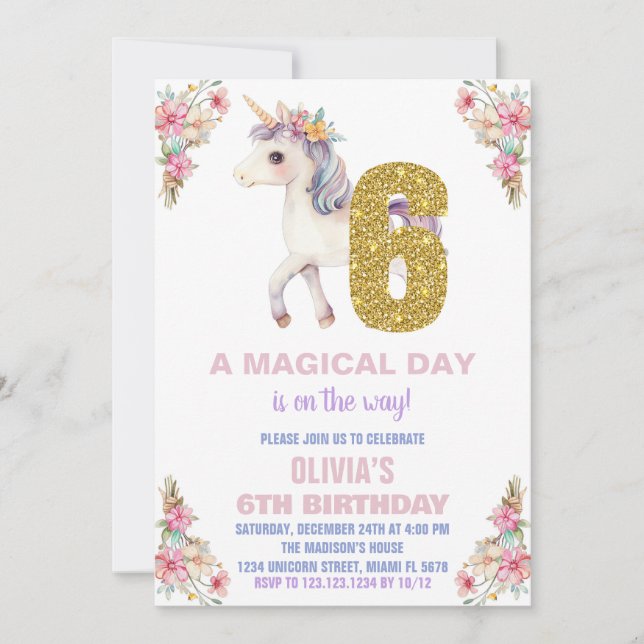 Floral Unicorn Birthday Invitations (Front)