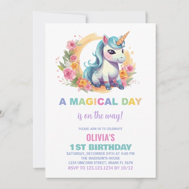 Floral Unicorn Birthday Invitations (Front)