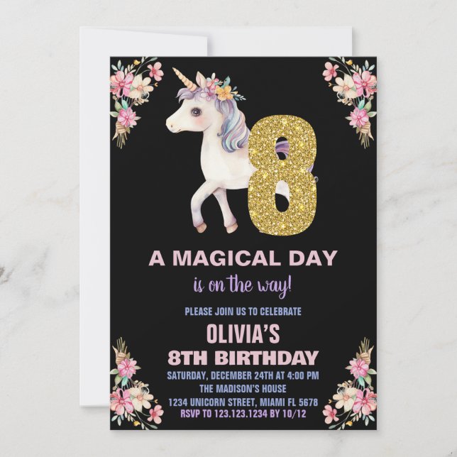 Floral Unicorn Birthday Invitations (Front)