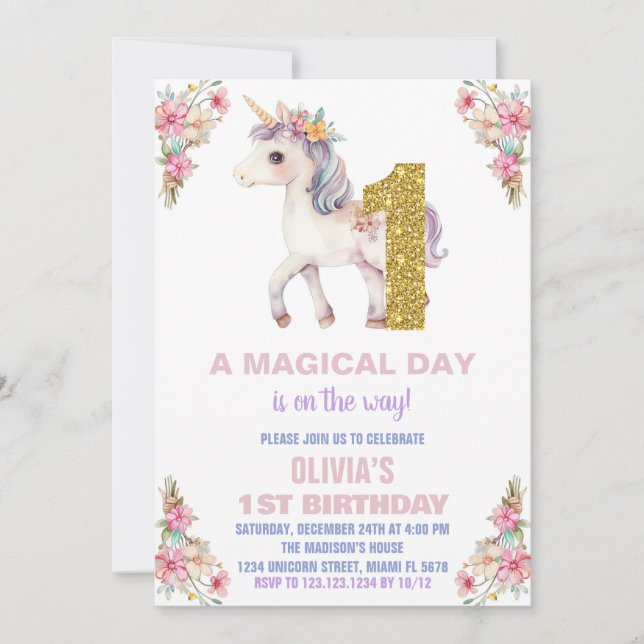 Floral Unicorn Birthday Invitations (Front)