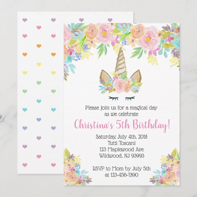 Floral Unicorn Birthday Invitations for Girls (Front/Back)