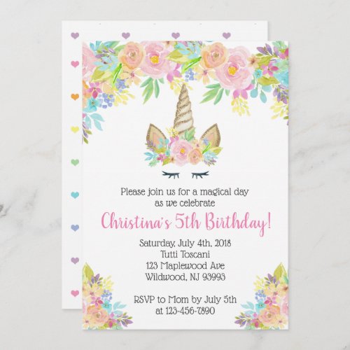 Floral Unicorn Birthday Invitations for Girls