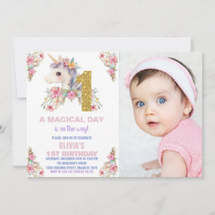 Floral Unicorn Birthday Invitations Glitter