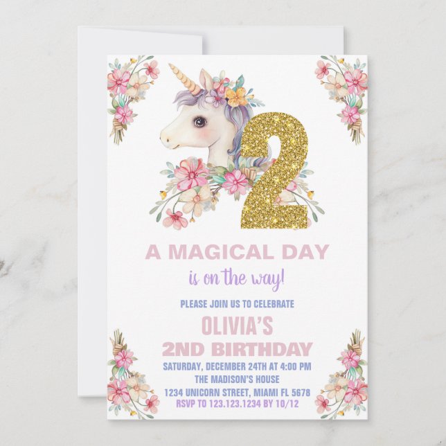 Floral Unicorn Birthday Invitations Glitter (Front)