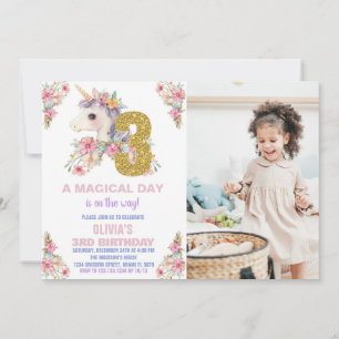 Floral Unicorn Birthday Invitations Glitter photo