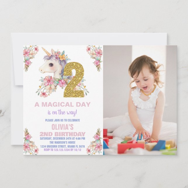 Floral Unicorn Birthday Invitations Glitter photo (Front)