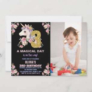 Floral Unicorn Birthday Invitations Glitter photo