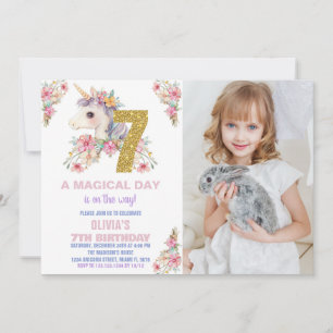Floral Unicorn Birthday Invitations Glitter photo