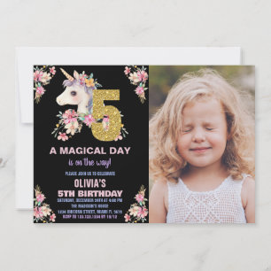 Floral Unicorn Birthday Invitations Glitter photo
