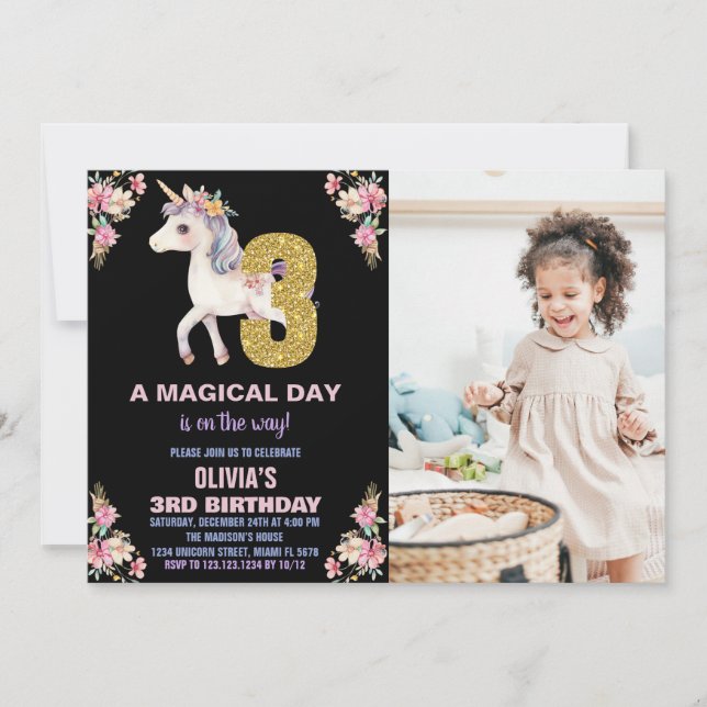 Floral Unicorn Birthday Invitations with photo (Front)