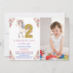 Floral Unicorn Birthday Invitations with photo