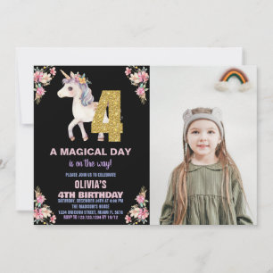 Floral Unicorn Birthday Invitations with photo