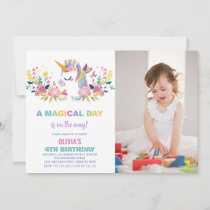 Floral Unicorn Birthday Invitations with photo