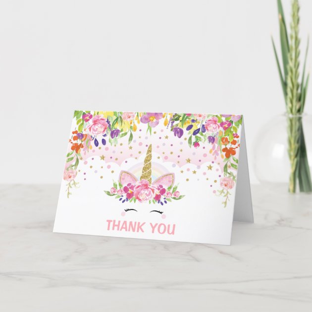 Floral Gold Unicorn Party Thank You Cards