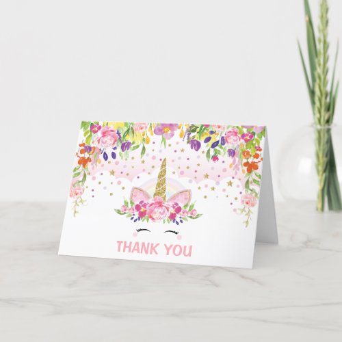 Floral Unicorn Birthday Party Pink Gold Rainbow Thank You Card