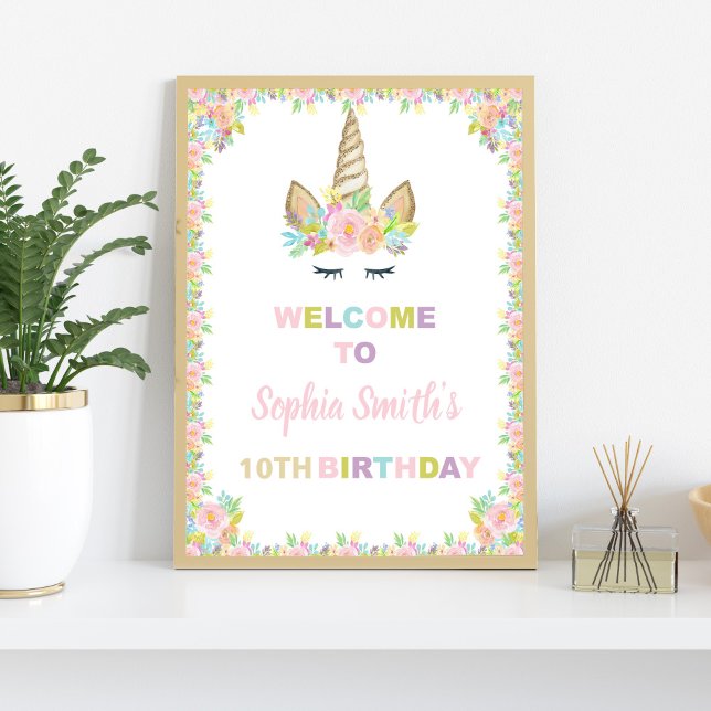 Floral Unicorn Birthday Party Welcome Sign (Floral Unicorn Welcome Signs)